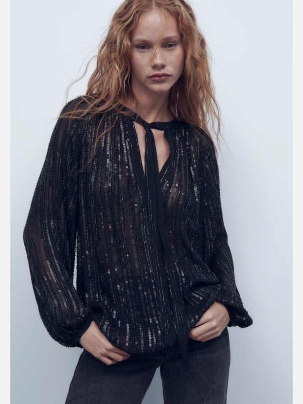 Zara Women Volume Cut Blouse With Sequins Black